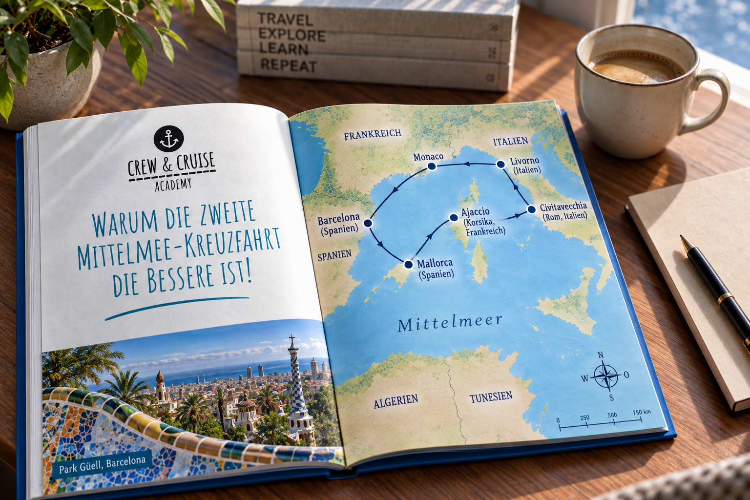 Academy-Broschüre mit Mittelmeer-Route