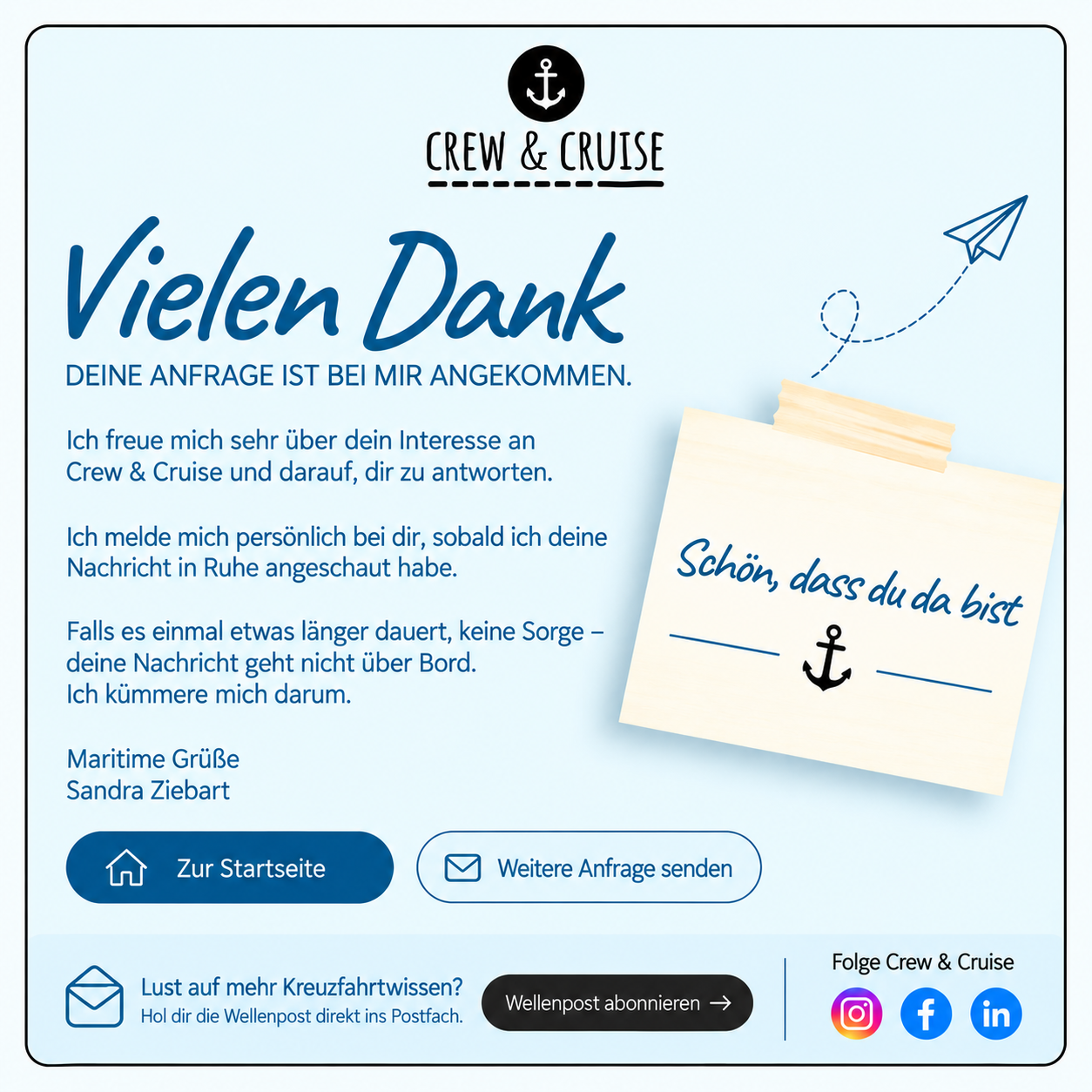 Vielen Dank — deine Anfrage ist bei mir angekommen. Ich melde mich persönlich bei dir.