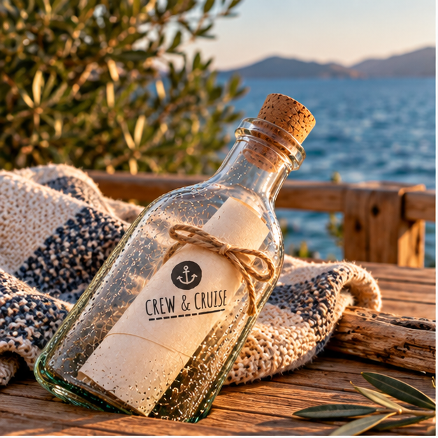 Flaschenpost mit Crew & Cruise Rolle am Strand